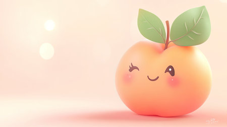 An adorable cartoon peach with a shy smile, blushing cheeks, and leaves as hair, set against a soft pastel background.の素材