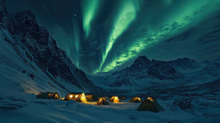 A remote campsite under the mesmerizing northern lights, with travelers' tents nestled in the snowy wilderness, showcasing the wonders of the Arctic.の素材