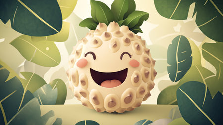 A smiling cartoon cherimoya with a joyful expression, set against a leafy background.の素材