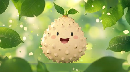 A smiling cartoon cherimoya with a joyful expression, set against a leafy background.の素材
