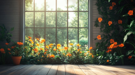 A sunny room with a wide window, revealing a garden in full bloom with orange flowers and lush green plants, evoking a sense of tranquility.の素材