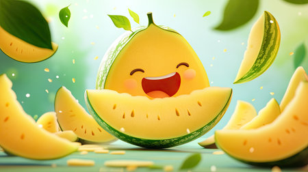 A giggling cartoon honeydew melon, surrounded by slices of itself.の素材