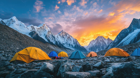 A series of colorful tents at a mountain base camp, with rocky terrain and stunning snow-capped peaks at sunset, capturing the essence of adventure.の素材