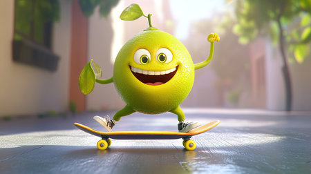Adorable cartoon lime with a bright smile, spinning around on a skateboard.の素材