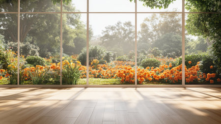 A spacious, bright room with a large window showcasing a garden filled with orange blooms and greenery, ideal for home decor and lifestyle visuals.の素材