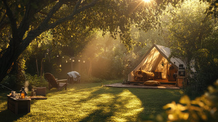 A stunning camping setup in a sunny garden, with sunlight streaming through the trees, creating a warm and inviting atmosphere.の素材