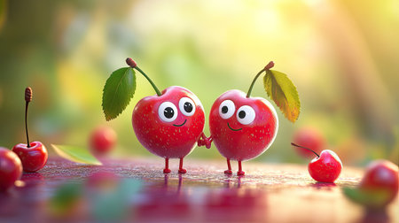 Cute cartoon cherries with big eyes, holding hands and smiling on a bright, fun background.の素材