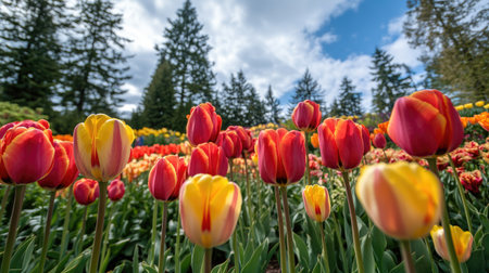 Panoramic view of vibrant tulips blooming in a coniferous garden, with the rich green of the trees complementing the bright floral colorsの素材