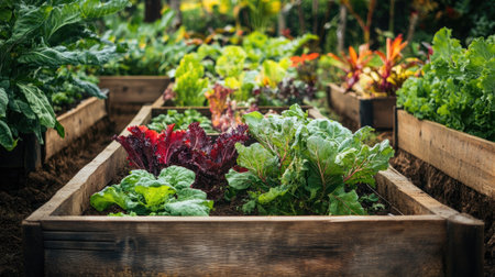 Lush vegetable garden in raised wooden beds, filled with vibrant green plants and colorful vegetables, highlighting the joys of home gardening.の素材