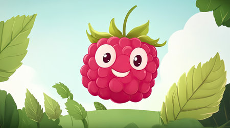 A friendly cartoon raspberry with a shy smile, peeking out from behind a leaf.の素材