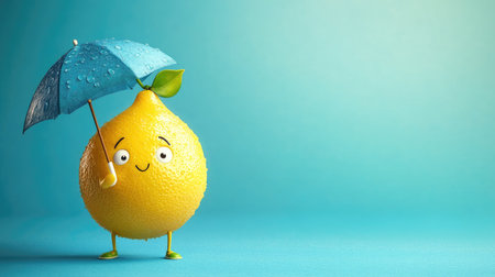 A funny cartoon lemon with a puckered face, holding a tiny umbrella and looking sour, on a cool blue background.の素材