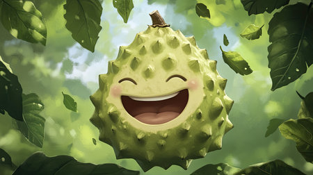 A smiling cartoon cherimoya with a joyful expression, set against a leafy background.の素材