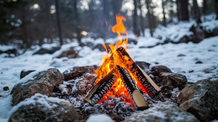 A winter campfire with vibrant orange flames, surrounded by snow-covered rocks, symbolizing warmth and survival in the cold wilderness.の素材