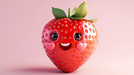 Adorable cartoon strawberry with heart-shaped seeds and a tiny face, wearing a bowtie, on a light pink background.の素材