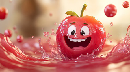 Cartoon cranberry with a big grin, splashing around in a juice pool.の素材