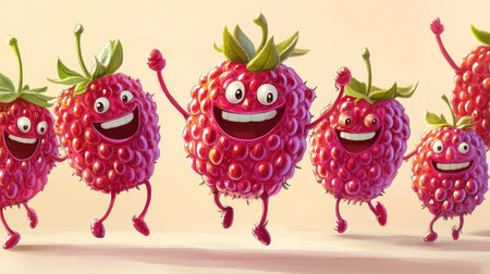 Cartoon mulberry with a joyful face, dancing with a group of other berries.の素材