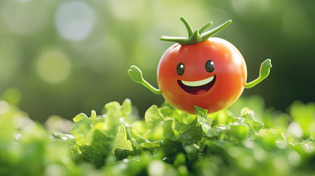 Cute cartoon cherry tomato with a big smile, balancing on top of a salad.の素材