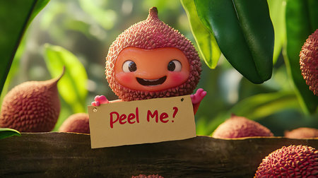Cartoon lychee with a cute face, holding a sign that says "Peel Me!"の素材