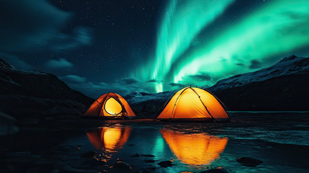 Camping scene set against the backdrop of the northern lights, with tents glowing softly under the vibrant auroras, capturing the beauty of nature.の素材