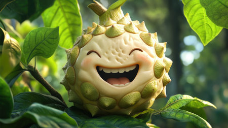 A smiling cartoon cherimoya with a joyful expression, set against a leafy background.の素材