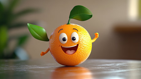 Cartoon kumquat with a playful expression, rolling around on a table.の素材