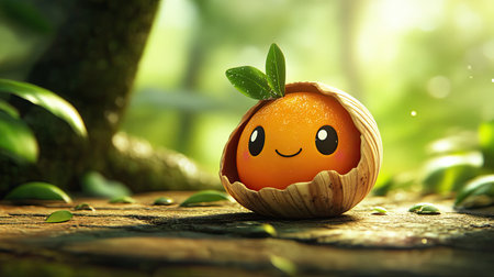 Cute cartoon ackee with a shy smile, peeking out from its shell.の素材