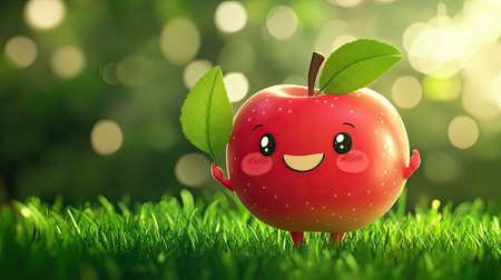 A cute cartoon apple with a big smile and rosy cheeks, holding a small leaf above its head, standing on a green grassy background.の素材