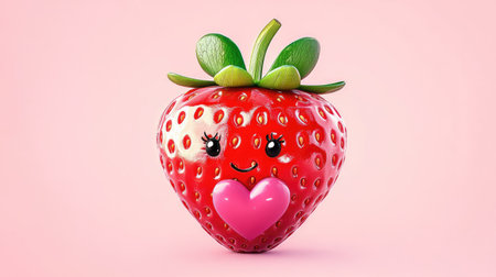 Adorable cartoon strawberry with heart-shaped seeds and a tiny face, wearing a bowtie, on a light pink background.の素材