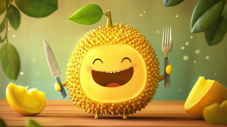 Cute cartoon jackfruit with a big grin, holding a tiny knife and fork.の素材