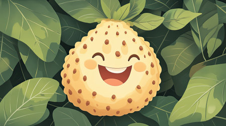 A smiling cartoon cherimoya with a joyful expression, set against a leafy background.の素材