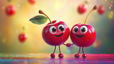 Cute cartoon cherries with big eyes, holding hands and smiling on a bright, fun background.の素材