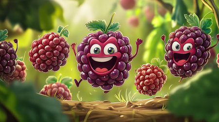 Cartoon mulberry with a joyful face, dancing with a group of other berries.の素材