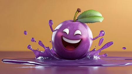 Cute cartoon plum with a happy face, jumping in a puddle of plum juice.の素材