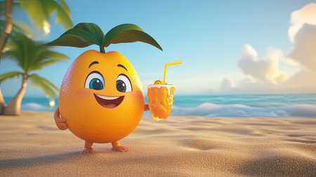 Cartoon mango with a cheeky grin, holding a tropical drink, on a sandy beach background.の素材