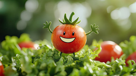 Cute cartoon cherry tomato with a big smile, balancing on top of a salad.の素材