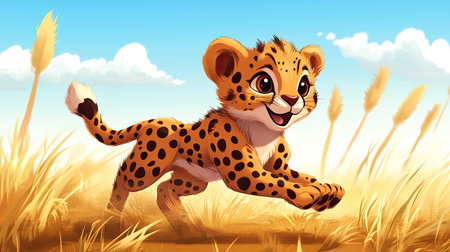 Adorable cartoon cheetah cub with spots, running across a savanna.の素材