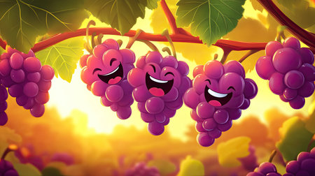 Cartoon grapes with cute faces, laughing and hanging together on a vine, on a warm, vibrant background.の素材