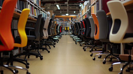 A department store aisle lined with a variety of office chairs, offering both style and comfort.の素材