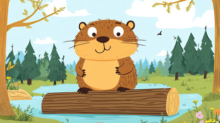 Adorable cartoon beaver with a flat tail, building a dam with logs.の素材