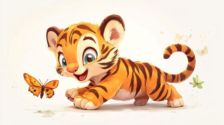Adorable cartoon tiger cub with stripes, pouncing on a butterfly.の素材