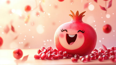 Cute cartoon pomegranate with a happy face, popping out seeds on a festive background.の素材