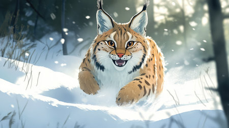 A smiling cartoon lynx with tufted ears, stalking through the snow.の素材