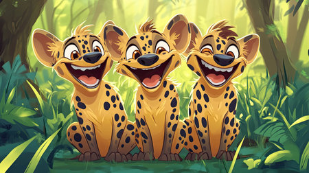 Cute cartoon hyena with spots, laughing with its friends.の素材