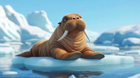 Adorable cartoon walrus with tusks, lounging on an ice floe.の素材