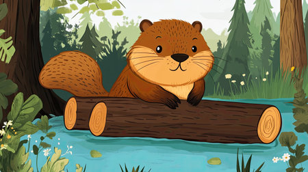 Adorable cartoon beaver with a flat tail, building a dam with logs.の素材