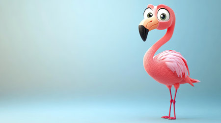 Adorable cartoon flamingo standing on one leg, with a happy expression.の素材