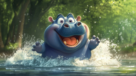 Cheerful cartoon hippo with a wide grin, splashing in a river.の素材