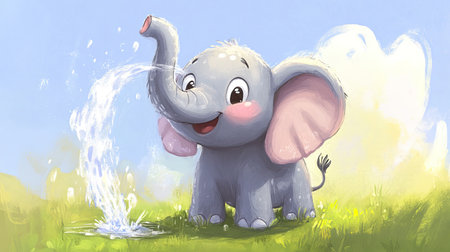 Adorable cartoon elephant with floppy ears, spraying water from its trunk on a sunny day.の素材