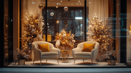 Department store window showcasing a beautiful set of accent chairs, framed by seasonal dÃÂ©cor.の素材