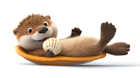 Playful cartoon otter floating on its back, holding a seashellの素材
